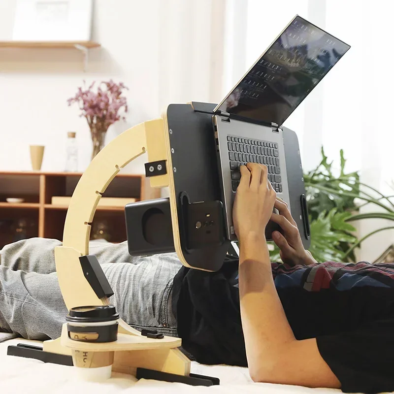 Madeira Preguiçoso Deitado Computer Rack, Dobrável Laptop Desk, Mini Ajustável Multi Ângulos Cama, Sofá Mesa, Útil, Suporte para Notebook Pequeno