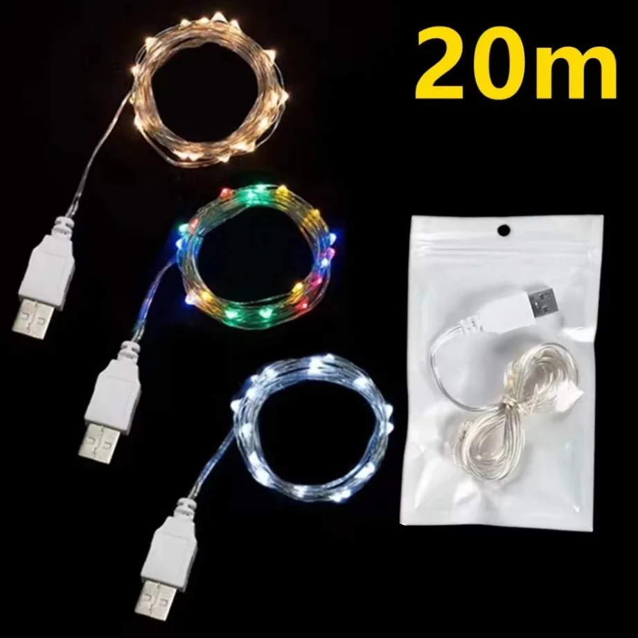 1-20M ไฟ LED String กันน้ํา USB ทองแดงลวดเงิน Garland Light Fairy ไฟคริสต์มาสงานแต่งงานตกแต่งพวงหรีด