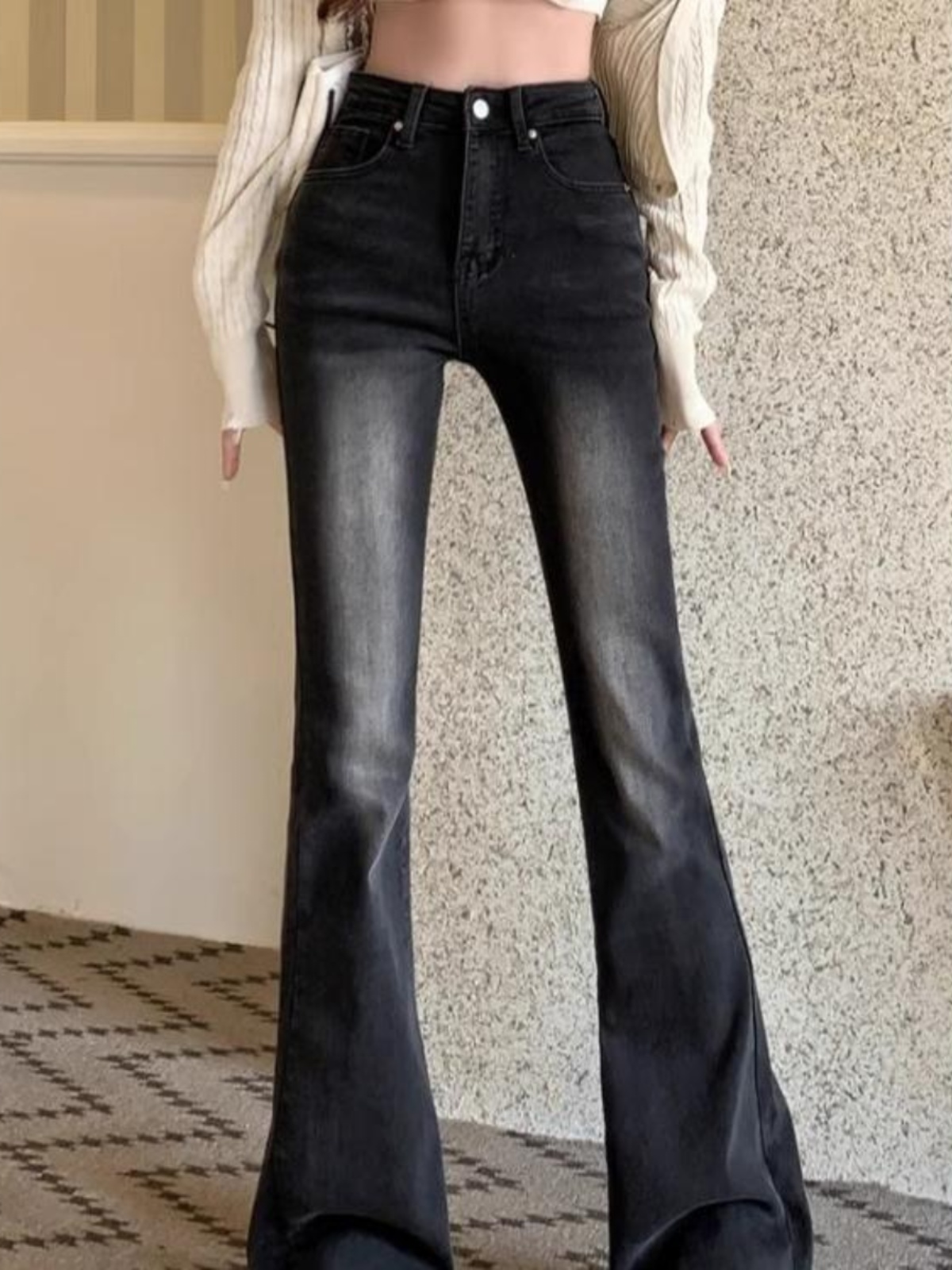 Korean Sle Chic Black High Waist Long Micro Flare Retro Frayed Jeans Four Seasons Casual High Waist Long Pants Slim Fit