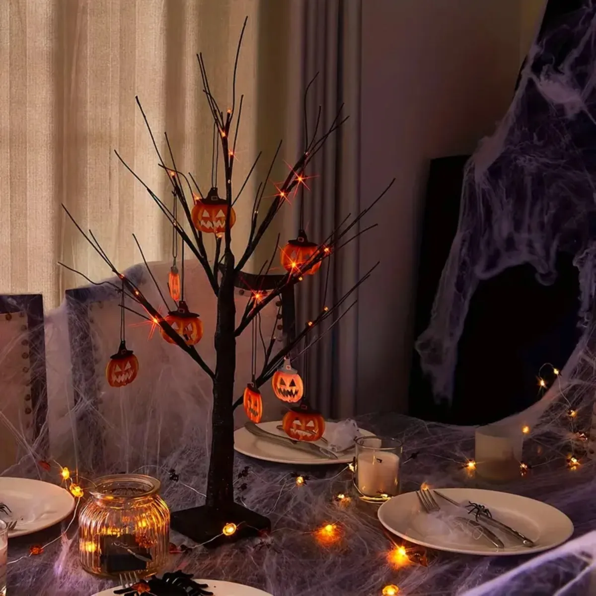 1 PC 24 LED สีส้มและสีม่วง Lighted ฮาโลวีนประดิษฐ์ Birch Tree Light DIY สีดําสาขาไฟโต๊ะฮาโลวีน Spooky