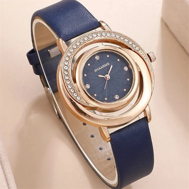 Juego de 5 piezas de reloj de lujo para mujer, anillo, collar, pendientes, diamantes de imitación, reloj de pulsera informal para mujer