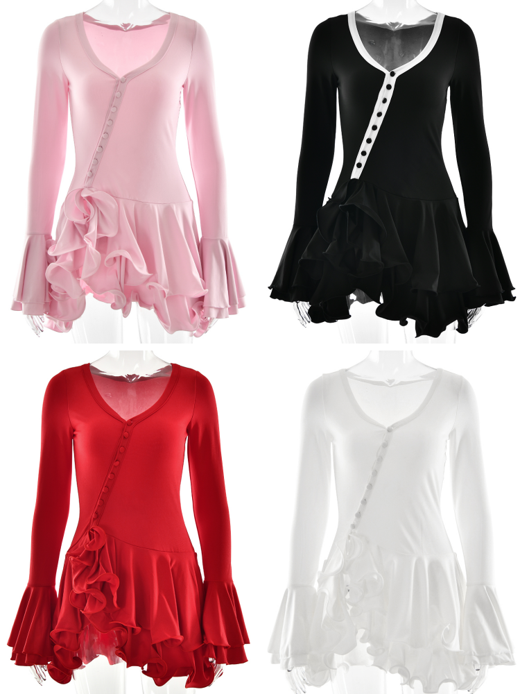 Absobe женское облегающее мини-платье трапециевидной формы с рюшами по подолу, v-образным вырезом, асимметричными пуговицами, короткое платье с длинными рукавами, вечерние уличные наряды