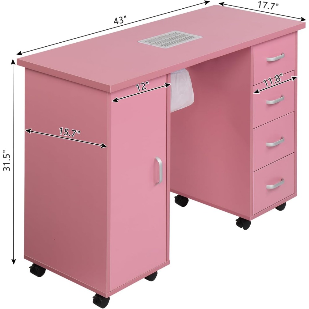 Manicure Nail Table Station, Salon Spa Nail Desk with Electric Downdraft Vent, Locking Castors, 2 Layers Storage Cabinet