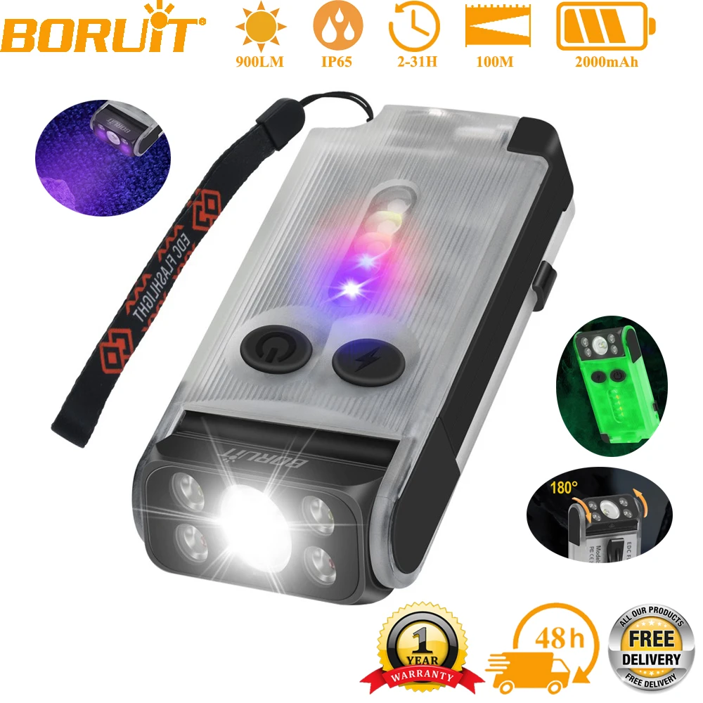 BORUiT V30 900LM UV-LED-EDC-Taschenlampe Typ C wiederaufladbare Powerbank-Arbeitsleuchte mit magnetischem Summer, Camping-Taschenlaterne