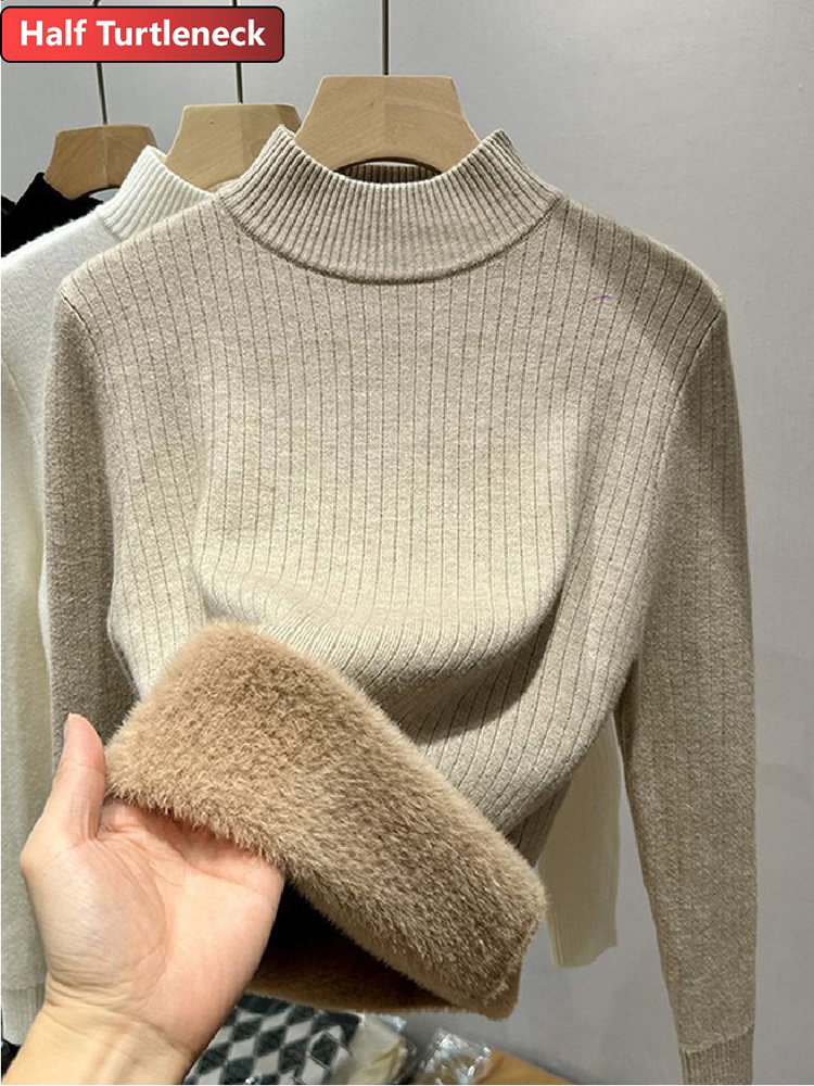Suéter para mujer, Jersey informal grueso y cálido de punto de felpa con forro de terciopelo, Tops para Otoño e Invierno, Jersey de punto suave, nuevo Poleras delgadas