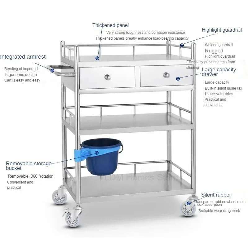 Chariot de beauté médical épais en acier inoxydable, support pour instruments chirurgicaux, Table d'instruments, dressing d'infirmière, petit chariot M