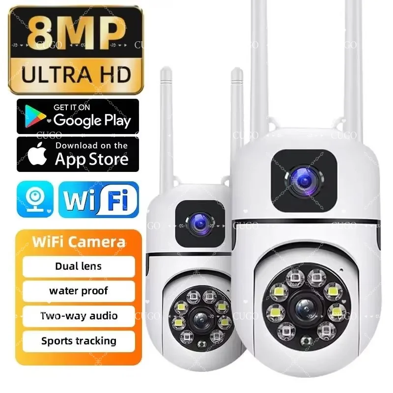 Cámara Wifi de 8MP, cámaras de seguridad inalámbricas para exteriores con doble lente, Audio bidireccional, visión nocturna en Color, Monitor de bebé, cámara inalámbrica de detección
