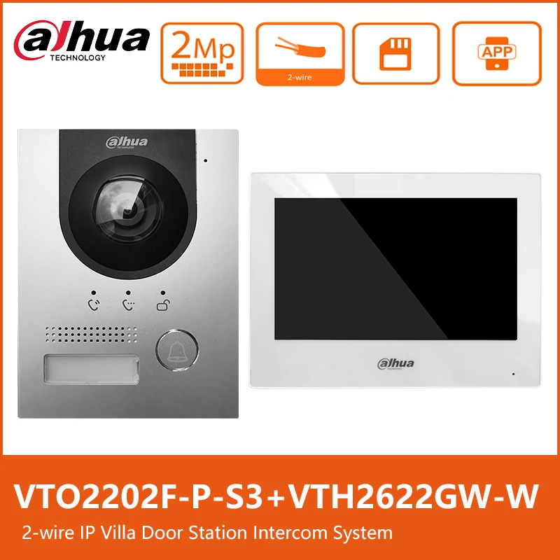 Dahua original kits de vídeo porteiro de 2 fios casa conjunto campainha digital 1080p campainha VTO2202F-P-S3 7 "monitor interno VTH2622GW-W
