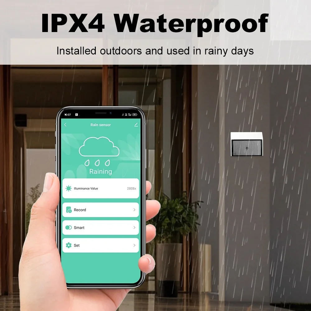 Tuya Zigbee Regentropfen-Erkennungssensor mit Lichtdetektor, IPX4 wasserdichter Regenwasserdetektor für die Außenautomatisierung, unterstützt Z2M