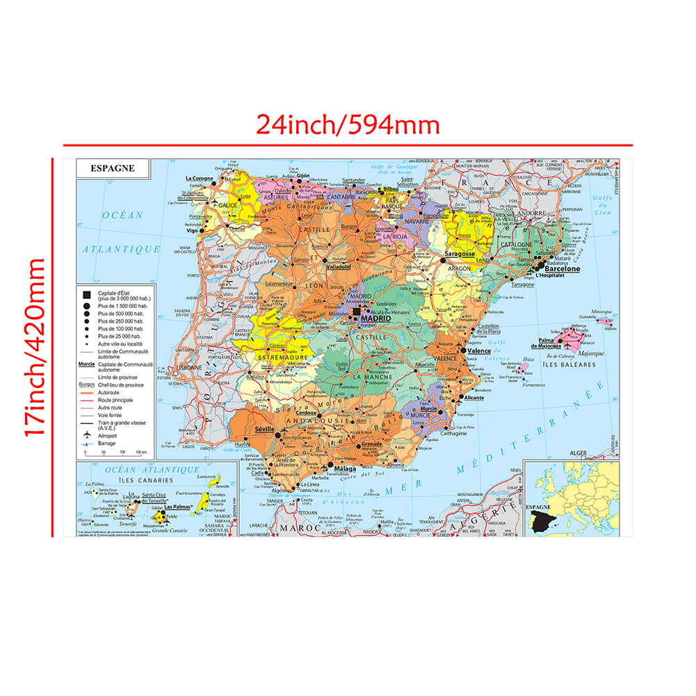 59*42 センチメートルスペイン交通地図フランス壁アートポスターキャンバス絵画旅行学用品家の装飾