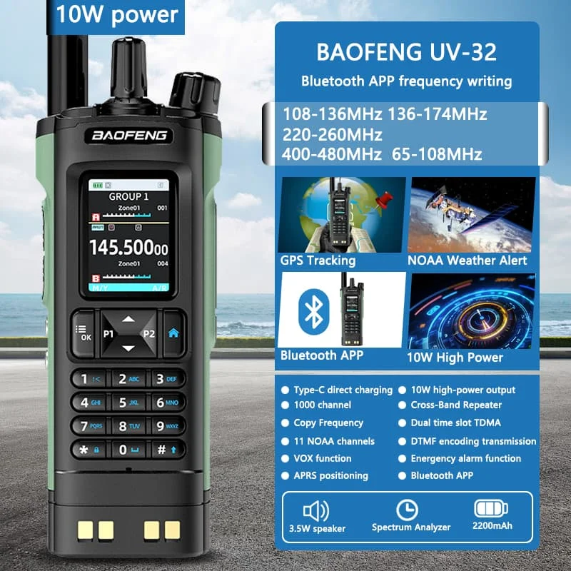 Nuevo BAOFENG UV-32 Walkie Talkie GPS 10W Bluetooth aplicación programación multibanda copia inalámbrica frecuencia tipo C UV32 Ham Radio bidireccional