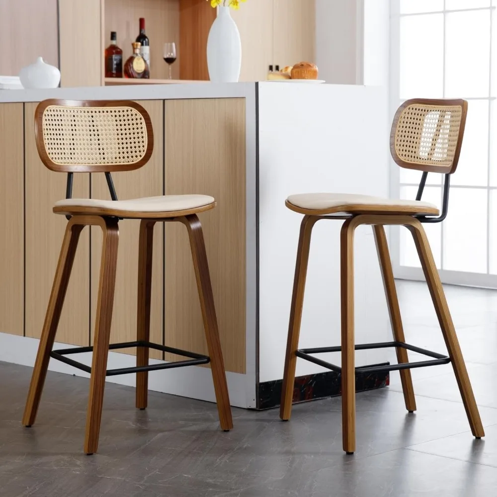 Modern Bar Stools Set of 2 26 Counter Height Barstools with Rattan Back PU Upholstered Kitchen Island Chair with Solid Wood Legs