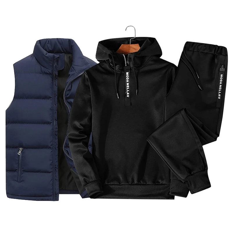 Trajes de chándal para hombre, Sudadera con capucha de media cremallera, chaleco impermeable y pantalones de chándal, conjunto de 3 piezas, ropa informal cálida de invierno 2023