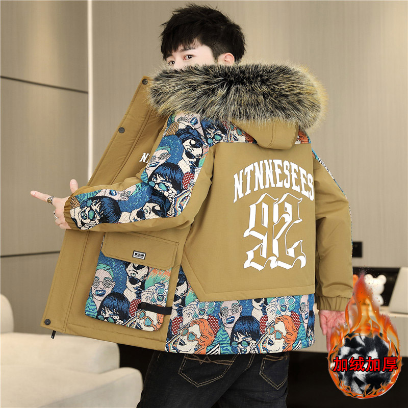 Neue Männer Winter Fleece Jacke Dicke Warme Mit Kapuze Pelz Kragen Mantel Druck Oberbekleidung Herren Dicken Mantel
