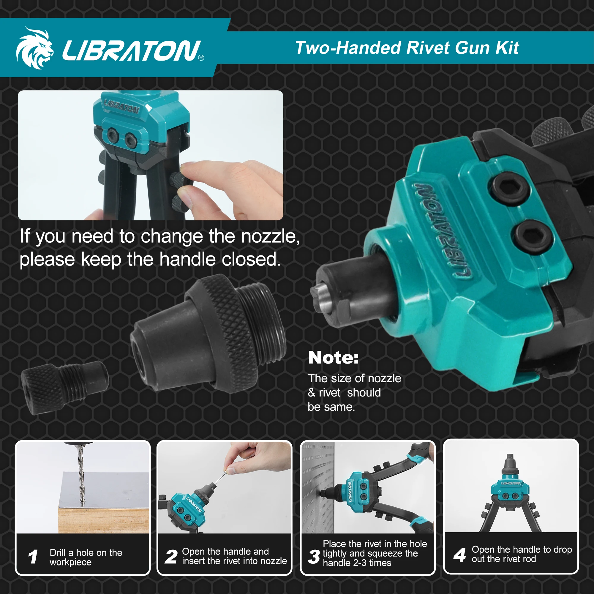LIBRATON 261PCS Pop Rivet Gun Kit with 11-Inch Heavy Duty Rivet Gun, 250 Rivets, 5 Nozzles, 5 Drill Bits, Two-Handed Rivet Tools