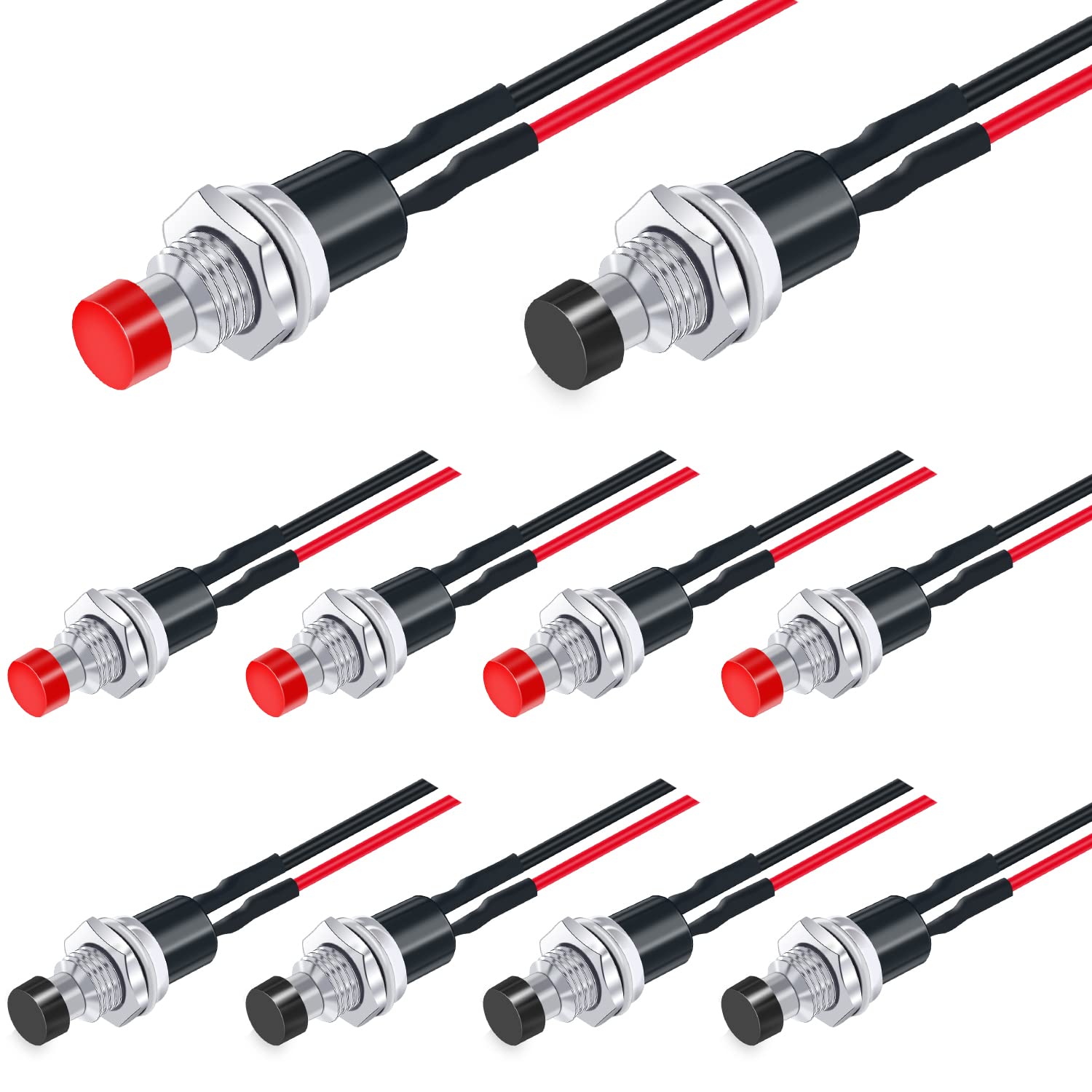10Pcs 12V 250V Momentary Push Button Switch 2 Pins SPST 7mm Red and Black Normal Open 1A Mini Round Button Switch with Pre-solde
