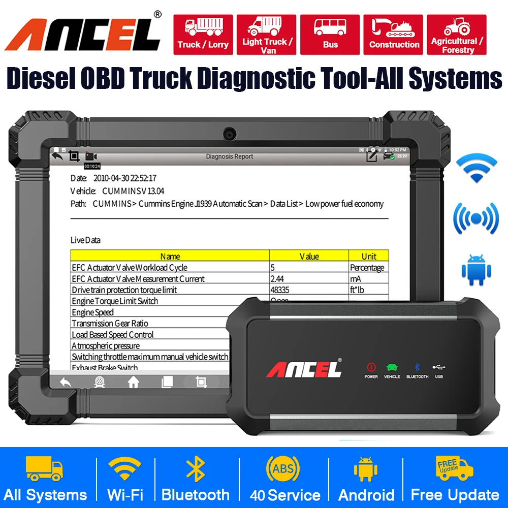 ANCEL X7 HD Инструмент диагностики тяжелых грузовиков Bluetooth OBD2 Все системы масла D-P-F Реген ECU Сброс 12 В 24 В Сканер дизельных грузовиков