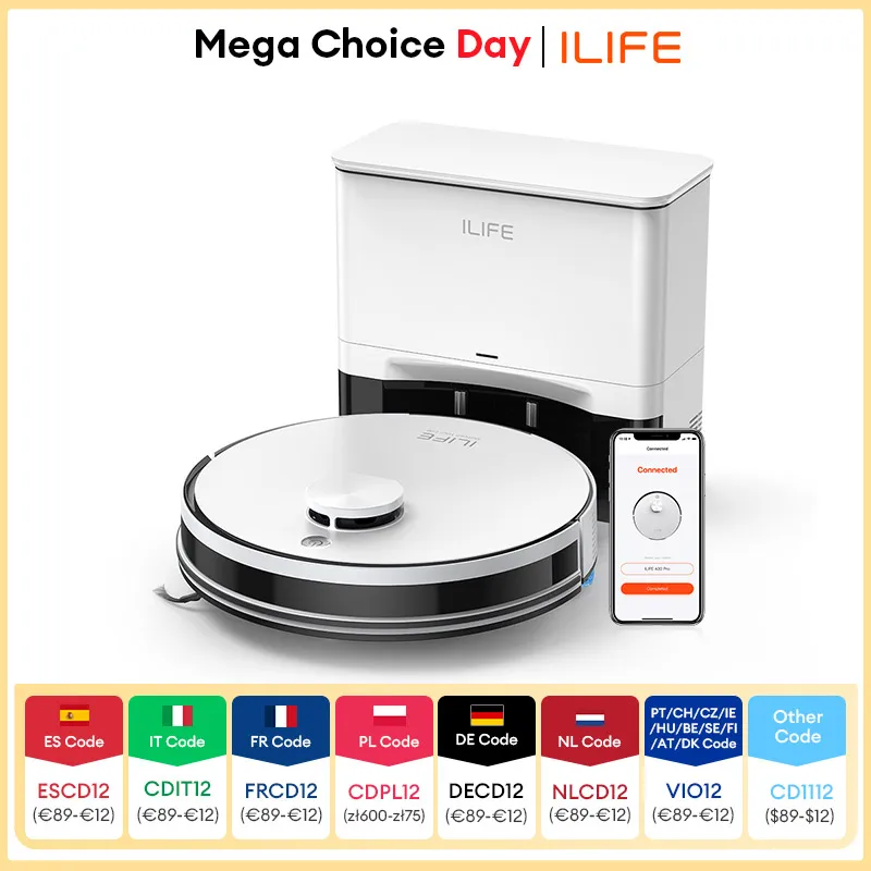 ILIFE A30 PRO 5000Pa Aspirazione, Robot Aspirapolvere e Mop Combo, Autosvuotamento, Capacità di 60 giorni, App/Remote, Tempo di funzionamento di 180 minuti