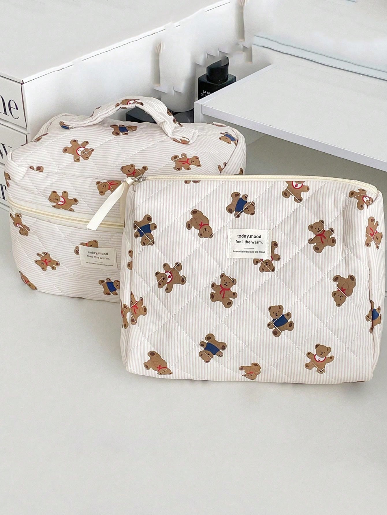 1 peça/conjunto de bolsa de maquiagem acolchoada de urso listrado, bolsa de maquiagem de armazenamento portátil, bolsa de maquiagem de urso fofo, bolsa de maquiagem multifuncional