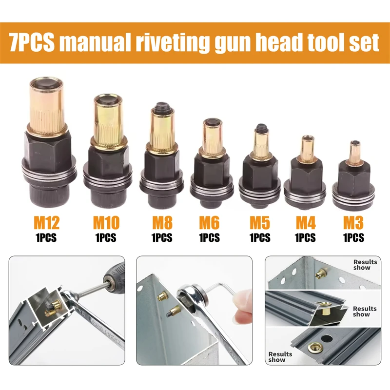 Conjunto de pistola de porca de rebite manual, 7 peças, com m3 m4 m5 m6 m8 m10 m12, kit de ferramentas de rebitador manual para fácil instalação e fixação segura