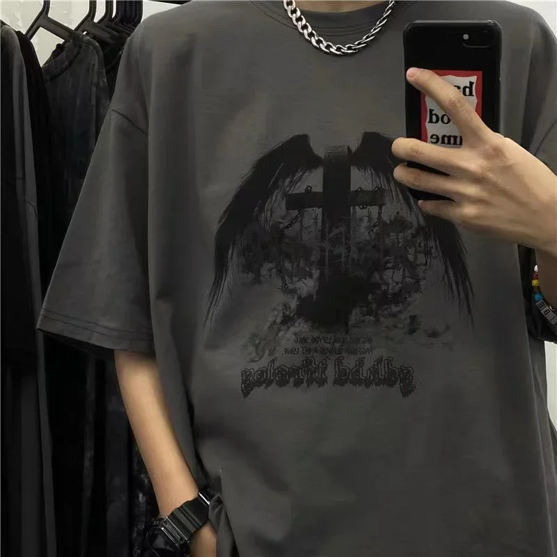 เสื้อยืดขนาดใหญ่ผู้ชาย 2023 ฤดูร้อนเสื้อยืดDark High Street Gothicพิมพ์Skullผ้าฝ้ายแขนสั้นTee Harajuku Tเสื้อสําหรับชาย