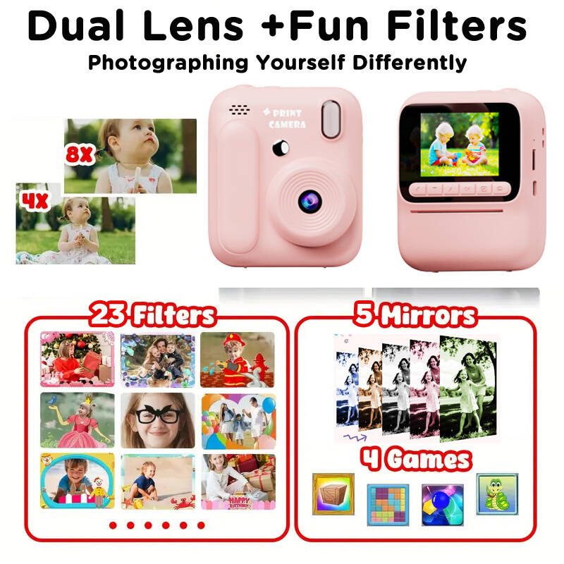 Color Printing Camera Kids Instant Camera 32GB 1080P Thermal Print Digital Camera Print Photo Video Games Music Children Gift