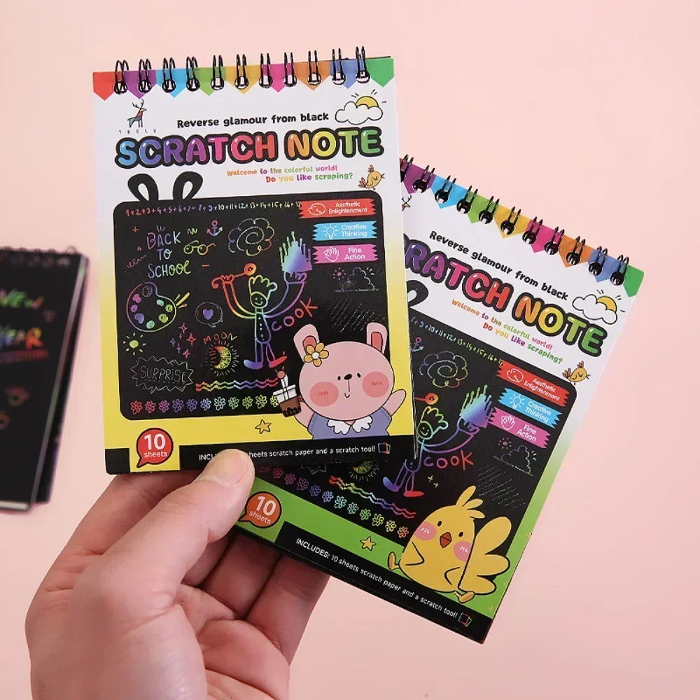 Rainbow Art Paper Rainbow Scratch Paper Children's Art Book Black Card Neon Scratch Book with Wood Stick Kids DIY Drawing Toy