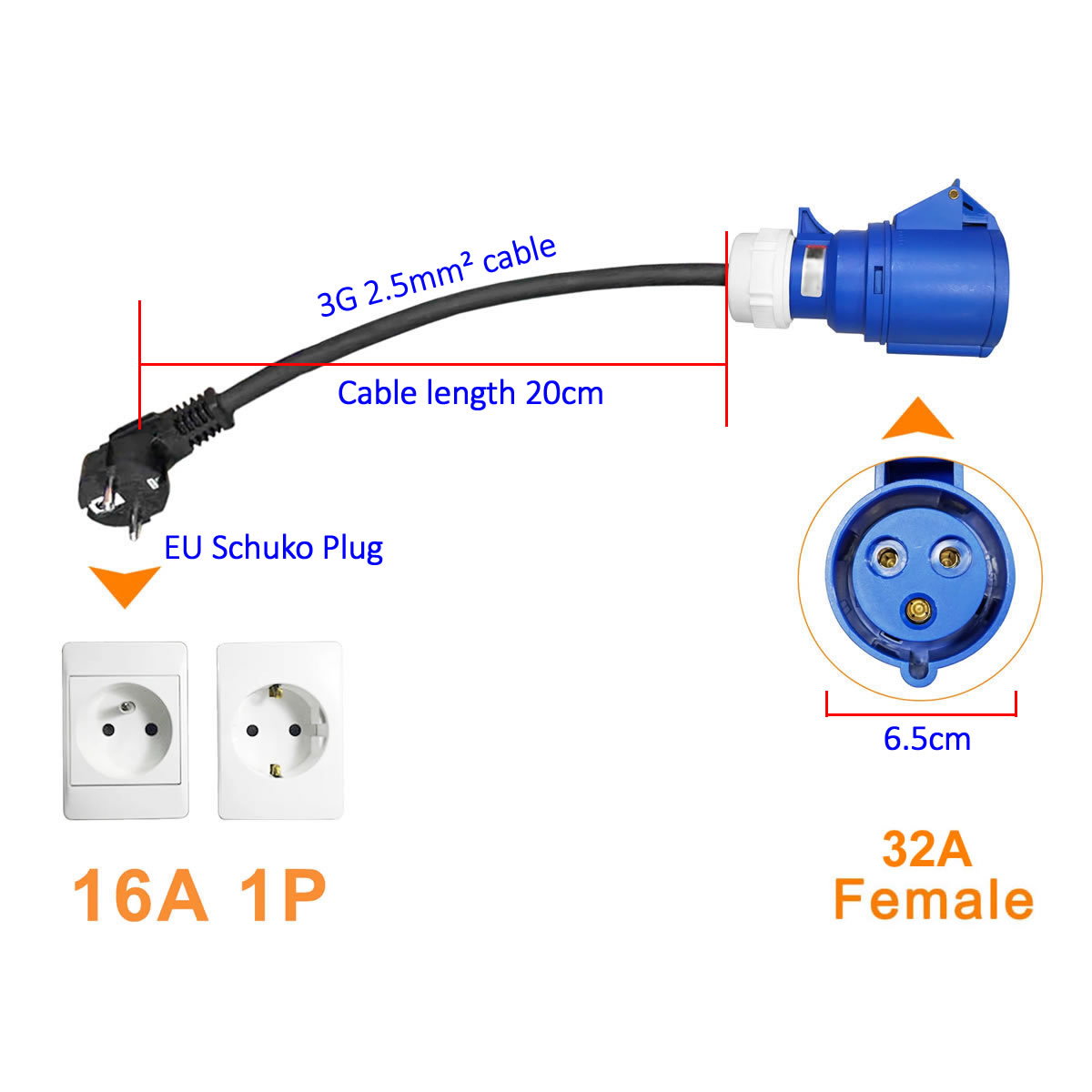 Adaptador de enchufe CEE azul de 32A a 16A EU Schuko, adaptador de carga de vehículo eléctrico de 7KW a 3,5 kW para cargador EV portátil