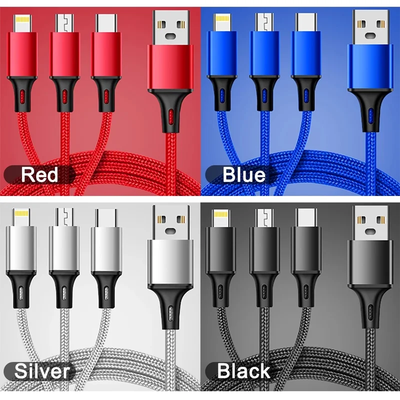 3-in-1-USB-Ladegerät, Schnellladekabel, Typ C, Micro LIGHTNING, Multi-Ladekabel für iPhone, Huawei, Samsung, geflochtenes Nylonkabel