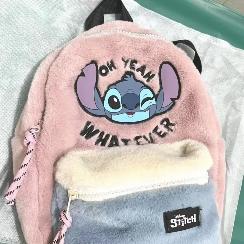 Disney Stitch Plush เด็กหนังแท้สีชมพูหูใหญ่ Alien Head Color Block กระเป๋าเป้สะพายหลัง
