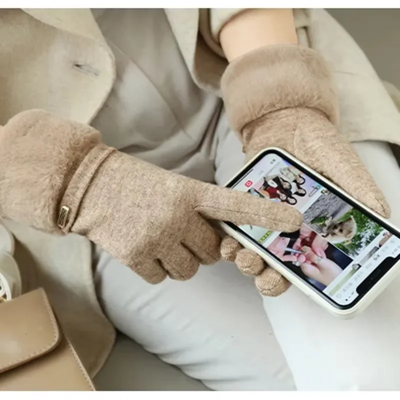 ผู้หญิงฤดูหนาว Keep Warm Plus กํามะหยี่หน้าจอสัมผัส Thicken Plush ถุงมือหนังนิ่มแฟชั่นบุคลิกภาพ Elegant Drive ขี่จักรยาน