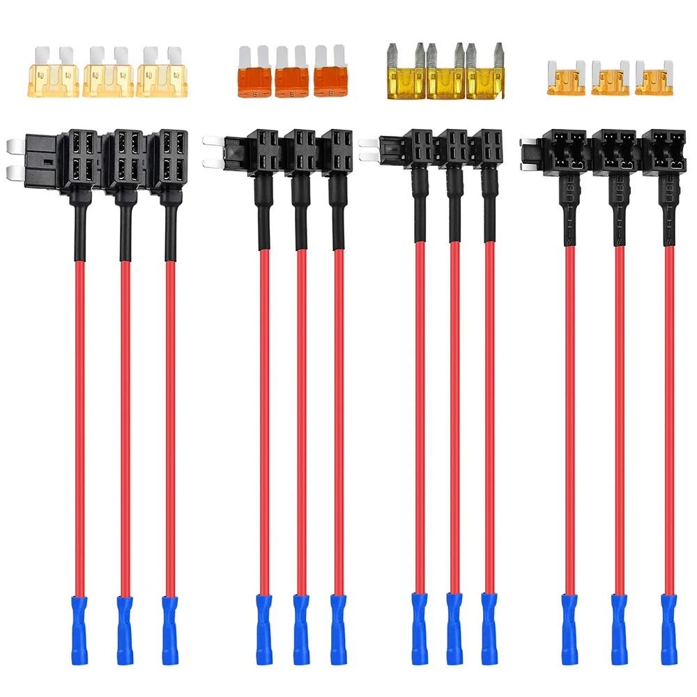 12pçs suporte de fusível tipo 3, adaptador de torneira de circuito add-a e kit de fusíveis micro mini pequeno médio atm apm ato atc com fusível de carro de lâmina 12v 10a