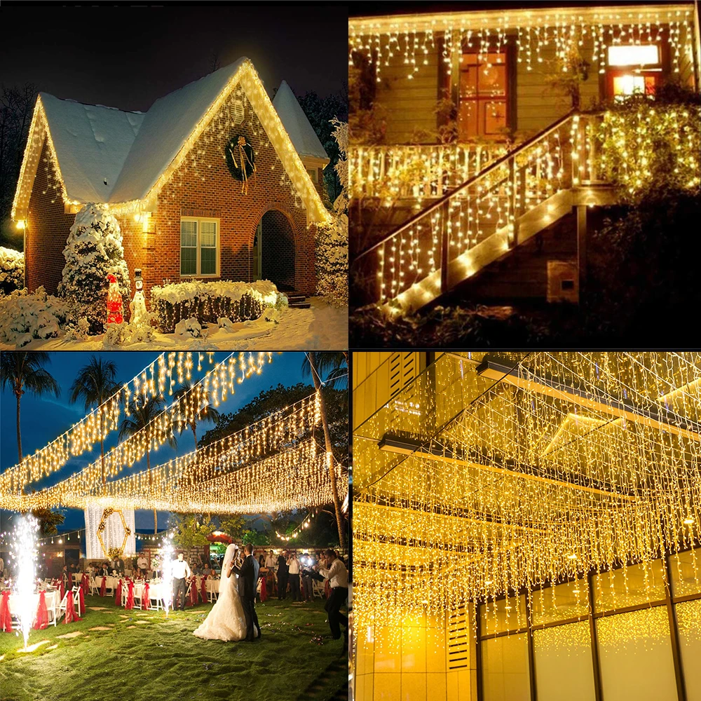 Dekoracje świąteczne 2024 Led Icicle Curtain Lights Outdoor Street Garland On The House Winter Wedding Ramadan 2025 220V EU