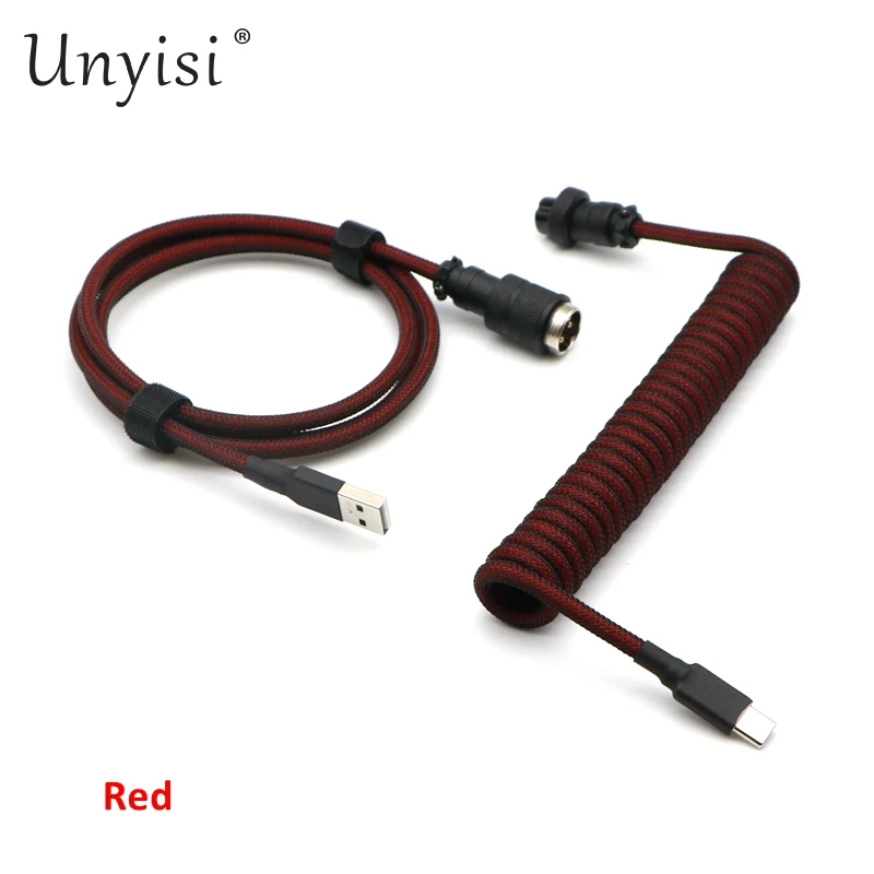 Handgefertigtes Paracord und PET-Doppelhülsen-USB-A auf USB-C Typ-C-Spiralkabel für mechanische Tastatur mit GX16 Aviator.