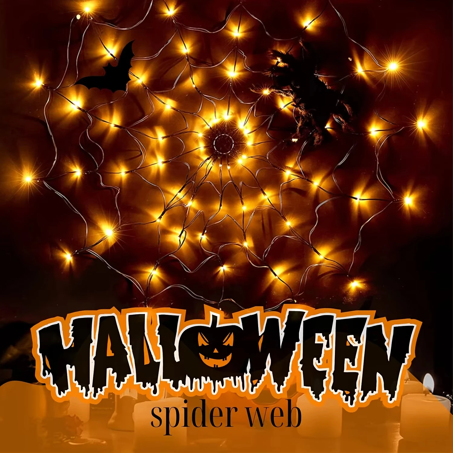 Halloween Spider Web String Lights Battery Powered Wall Lamp Horror Atmosphere Decoration Lights For Haunted House,Window,Party