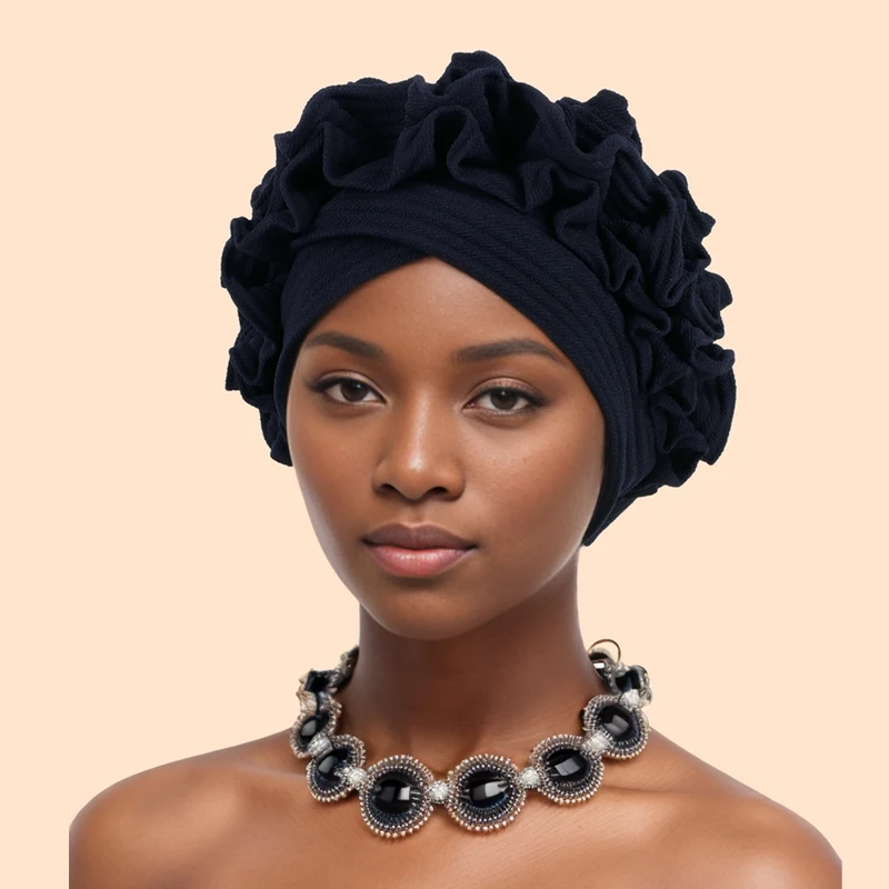 Boné turbante com babados para cabeça feminina, lenço macio e confortável, cor sólida