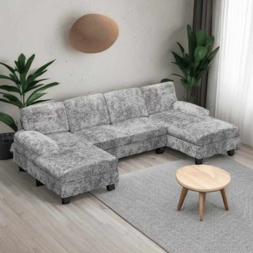 Convertible Sectional Sofa Couch, 4 Seat Set for Living Room U-Shaped Modern Fabric Modular Sofa Sleeper with Double Chaise