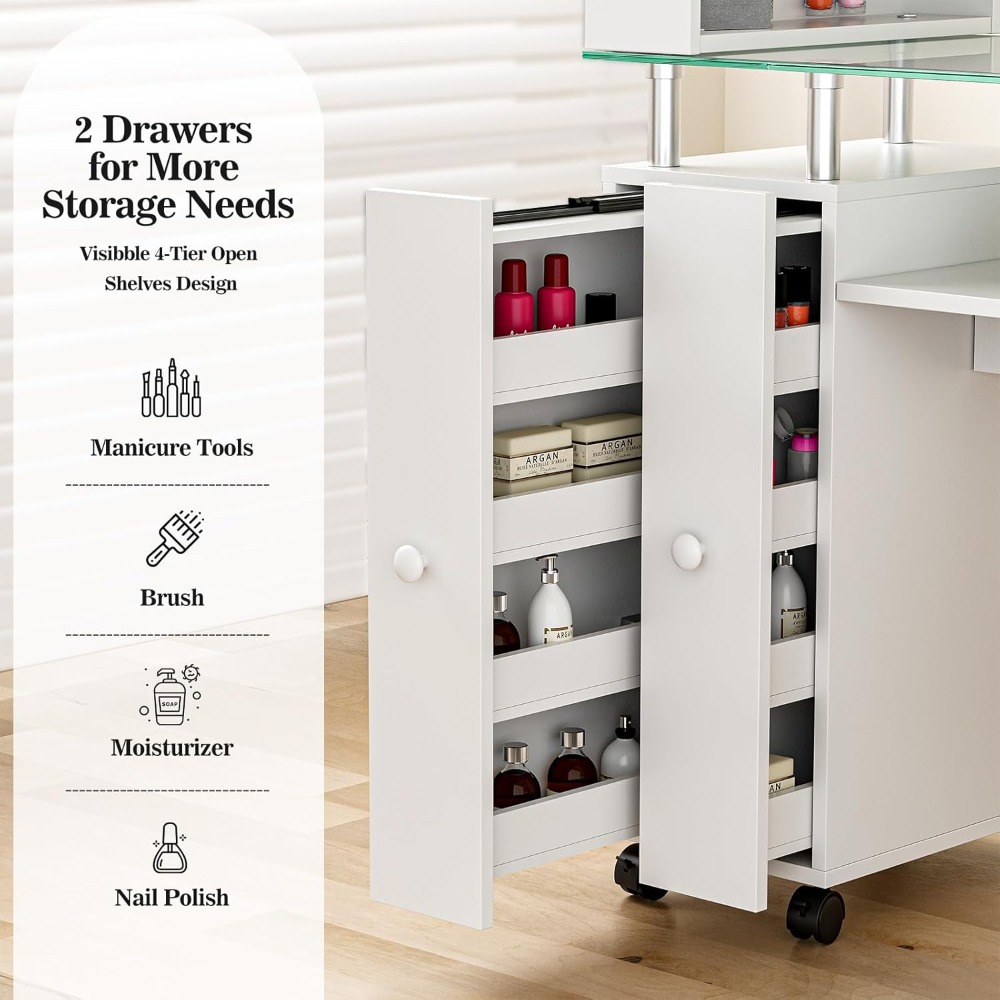 Manicure Table Nail Desk for Nail Tech, Glass Top Nail Table Station Acetone Resistant w/Storage Drawers & Open Shelves