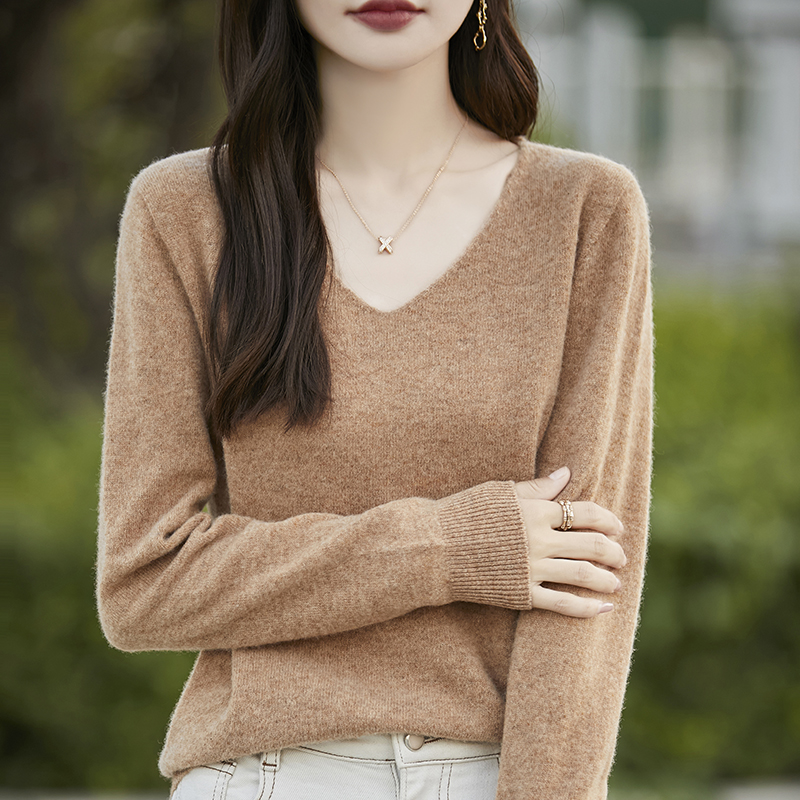 New Women's Wool Sweater V-neck Long Sleeve Pullover Soft 30% Merino Wool Knitwear Spring Autumn Cashmere Chic Tops