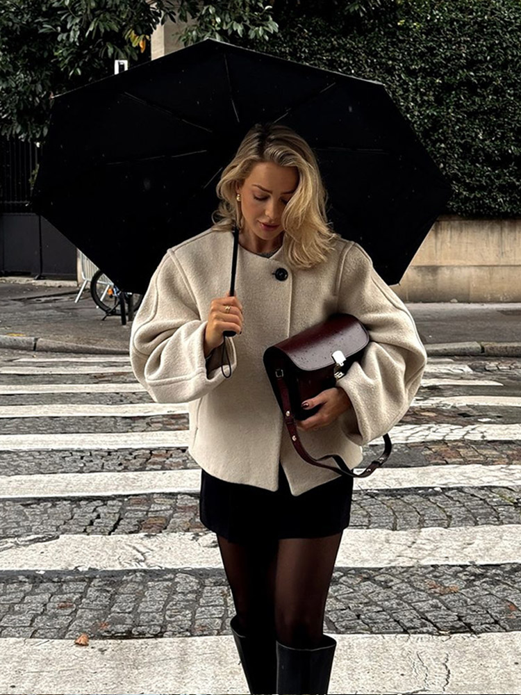 Abrigos cortos de lana con un solo botón para mujer, chaquetas holgadas de manga larga con cuello redondo a la moda, ropa de calle informal para ir al trabajo