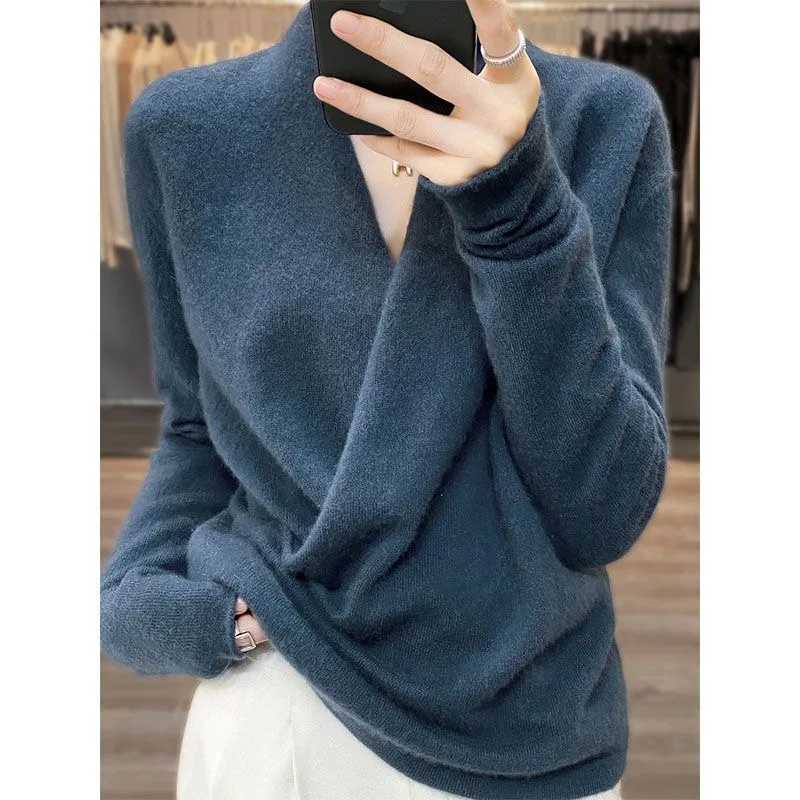 Jersey tipo kimono de lana merina de 100% para mujer, suéter holgado y a la moda con cuello en V, Top de punto de Cachemira nuevo para primavera y otoño