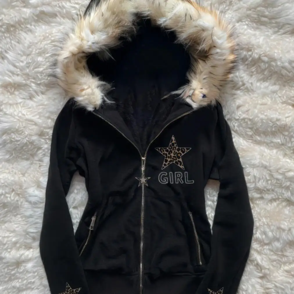 Outono e inverno retro preto estrela leopardo padrão feminino gola de pele com zíper com capuz moda rua harajuku jaqueta de cintura