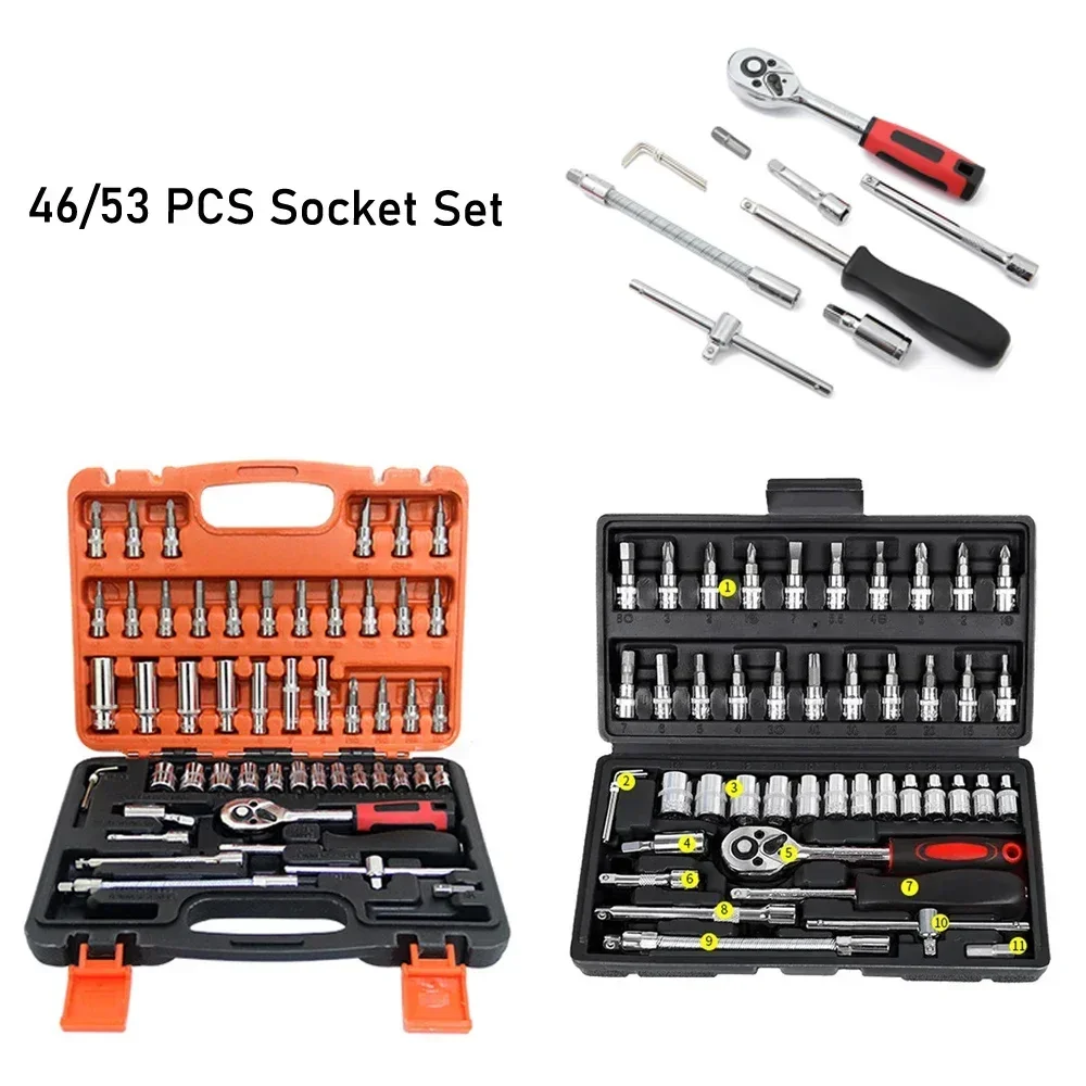 Kit di strumenti di riparazione auto 46/53 pezzi/set Set di prese da 1/4 pollici Strumento di riparazione auto Chiave dinamometrica a cricchetto Combo Set di strumenti di riparazione automatica