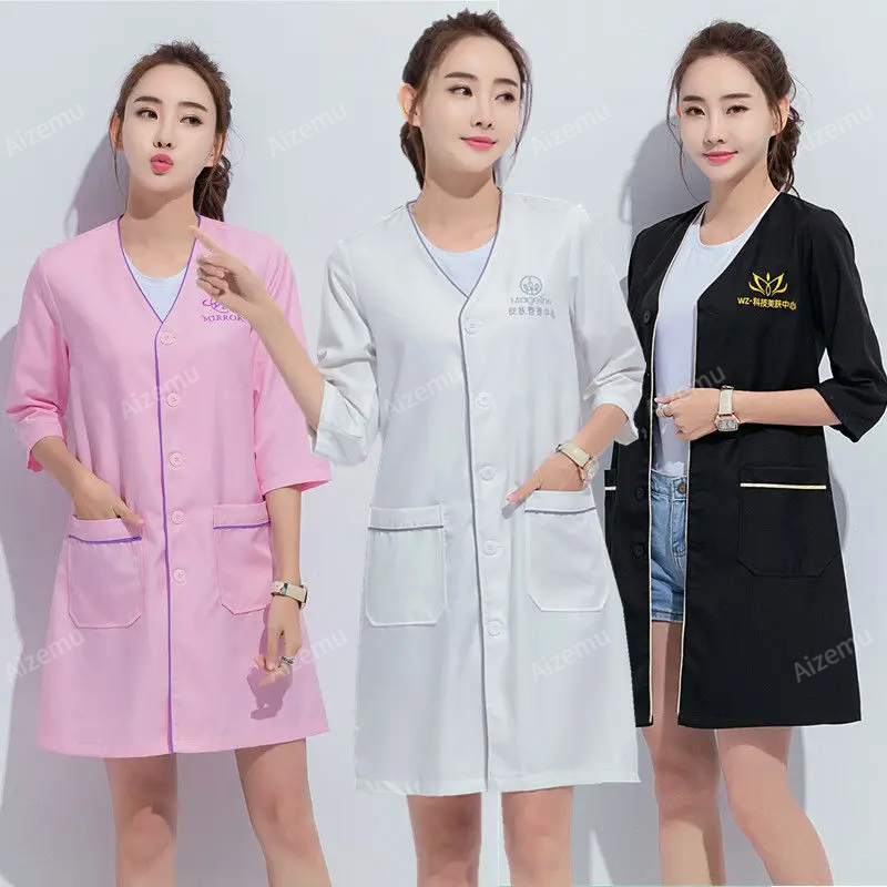 Preto curto uniforme de beleza vestido spa uniforme esfrega branco plus size salão de beleza aliciamento roupas jaleco logotipo esteticista topos
