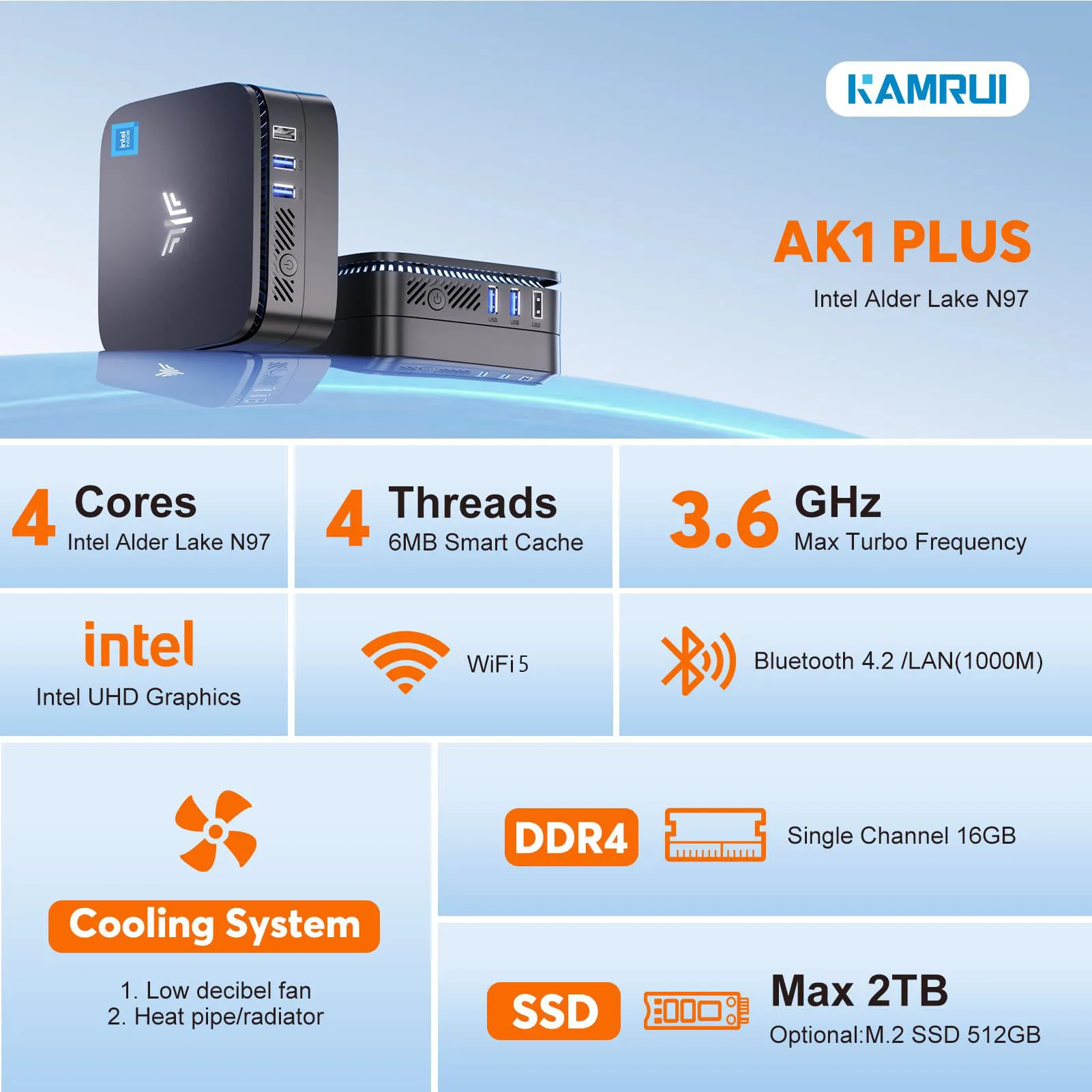 ACEMAGIC AK1 Plus Mini PC Intel Lake N97 16GB DDR4 RAM 512GB SSD ROM WiFi6 BT5.2 Support 4K UHD Desktop Computers