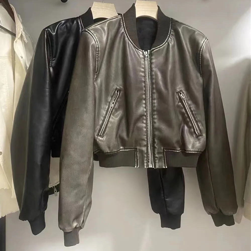 Outono e inverno novo couro cor sólida casaco curto estilo retro curto zíper cardigan casual all match jaqueta de couro feminino