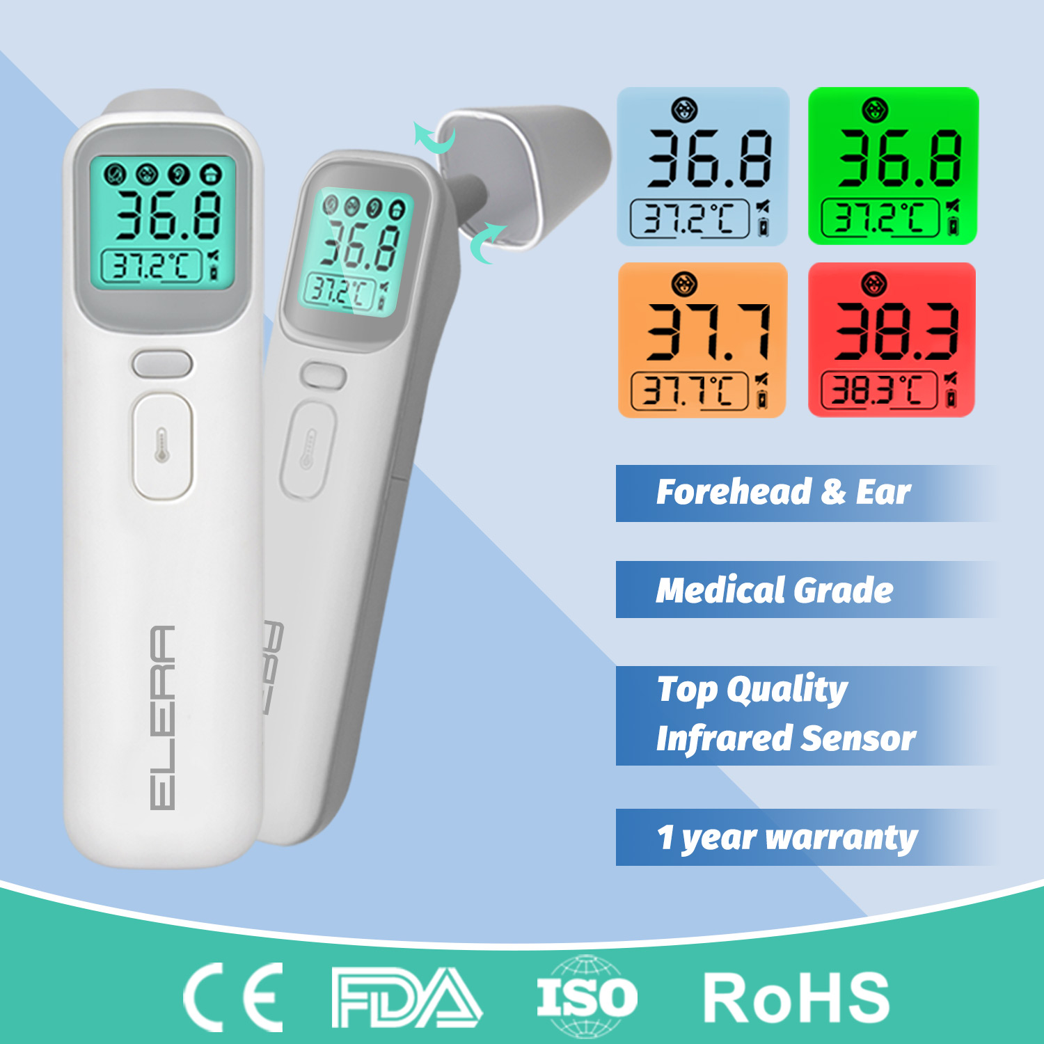ELERA-termómetro Digital infrarrojo para bebé, LCD, medición corporal, frente, oreja, sin contacto, fiebre para adultos, IR, termómetro para niños