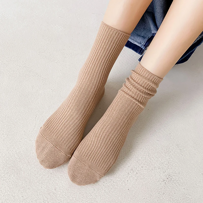 5 pares de calcetines de longitud media de Color sólido para mujer, calcetines de algodón informales para mujer, calcetines simples de longitud media para otoño para mujer