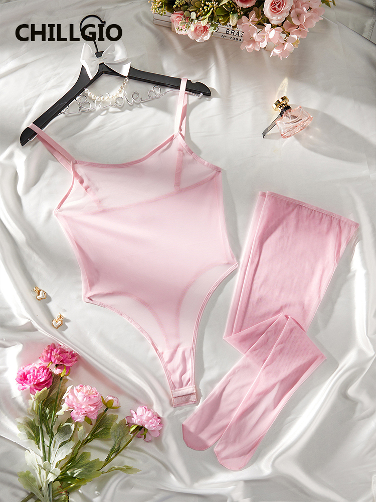 CHILLGIO Soild ตาข่าย Rompers ผู้หญิงชุดโปร่งใส Strappy Overalls Pornographic ชุดชั้นในถุงเท้าขาชุดบอดี้สูทเซ็กซี่
