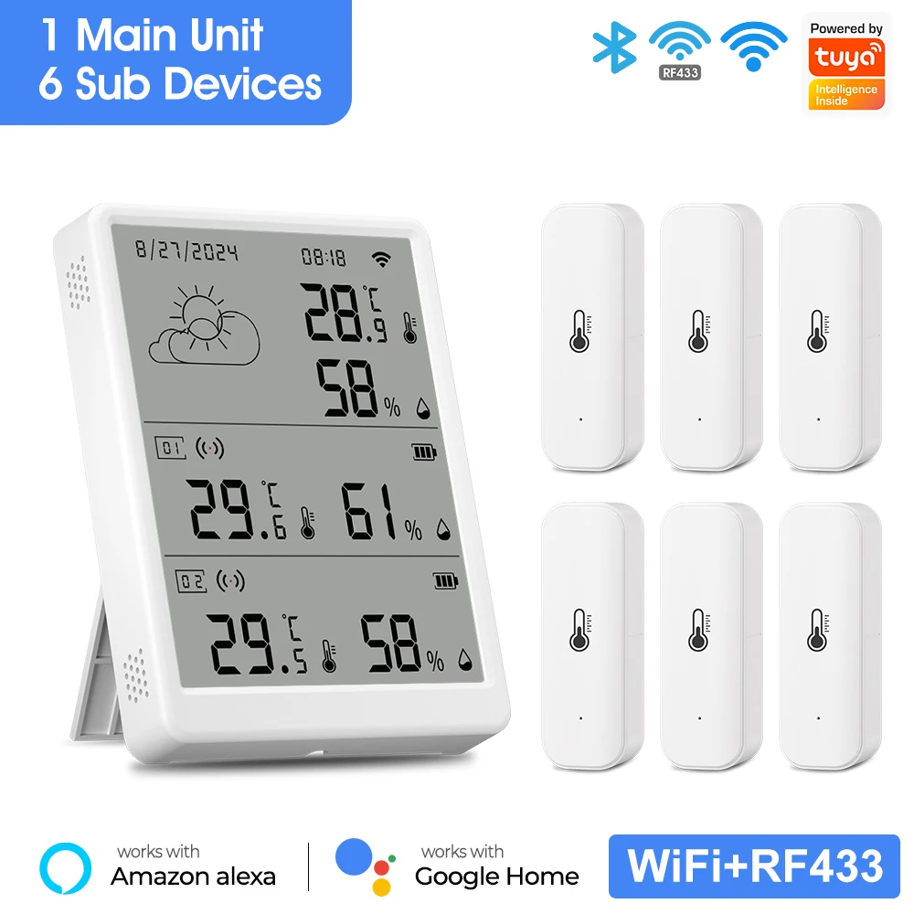 Tuya Wi-Fi метеостанция цифровой термометр комнатный гигрометр RF433 Крытый и открытый датчик температуры влажности настольные настенные часы